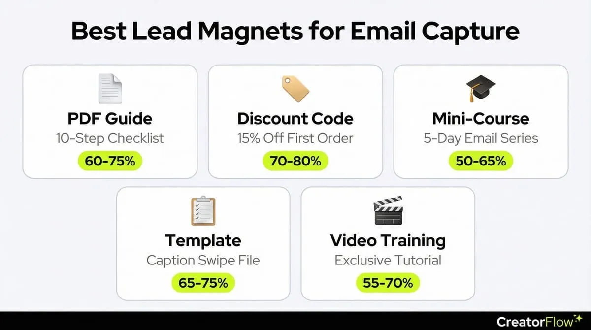 Best lead magnets for email capture showing PDF guides, discount codes, mini-courses, templates, and video training with capture rates