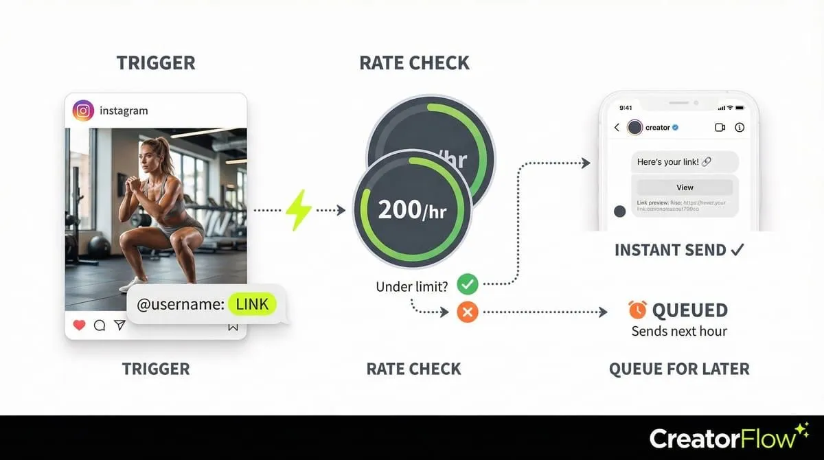 Instagram API rate limit flow diagram showing trigger to rate check to instant send or queue