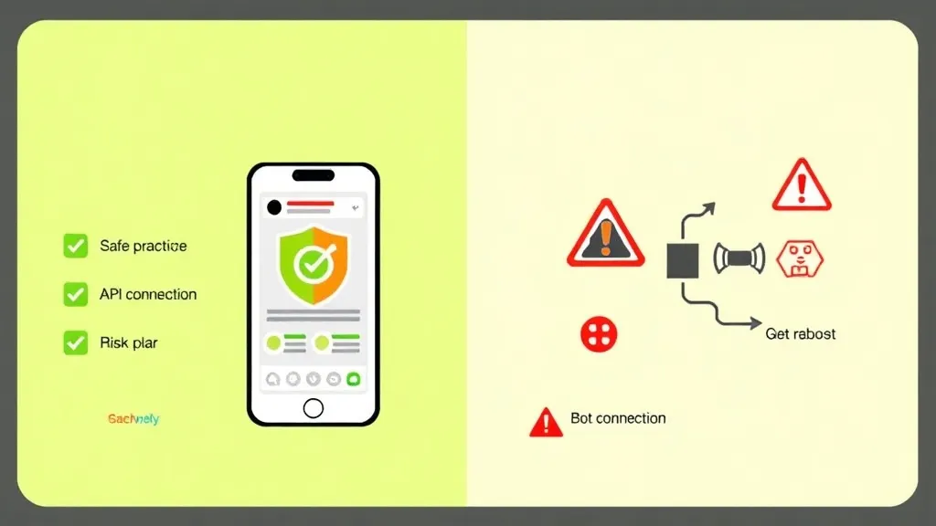 Infographic showing safe vs risky Instagram DM automation practices with official API connection versus unauthorized bot connection