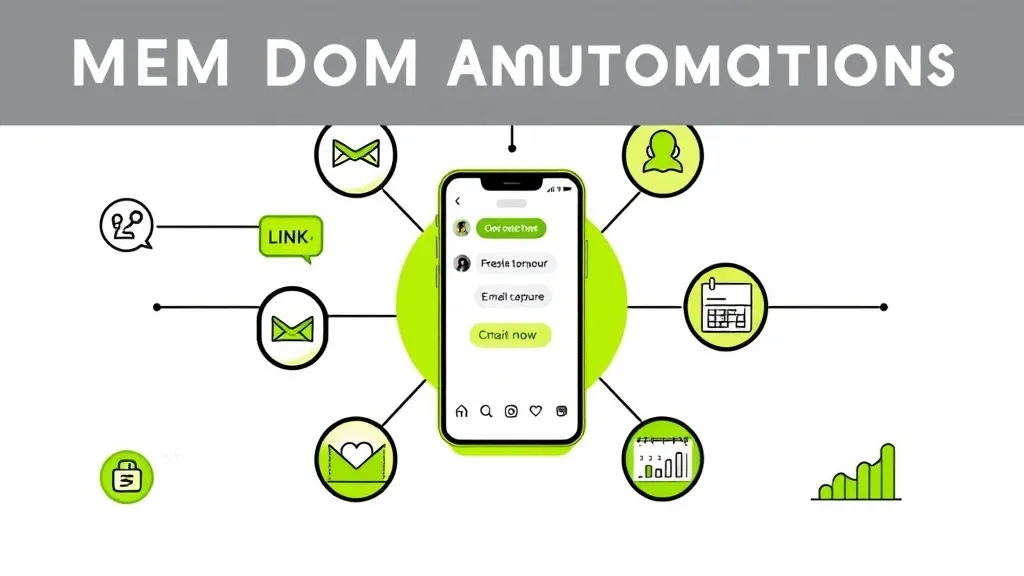 Overview infographic of Instagram DM automation ecosystem showing smartphone with connected features including email capture, link sharing, calendar booking, and analytics