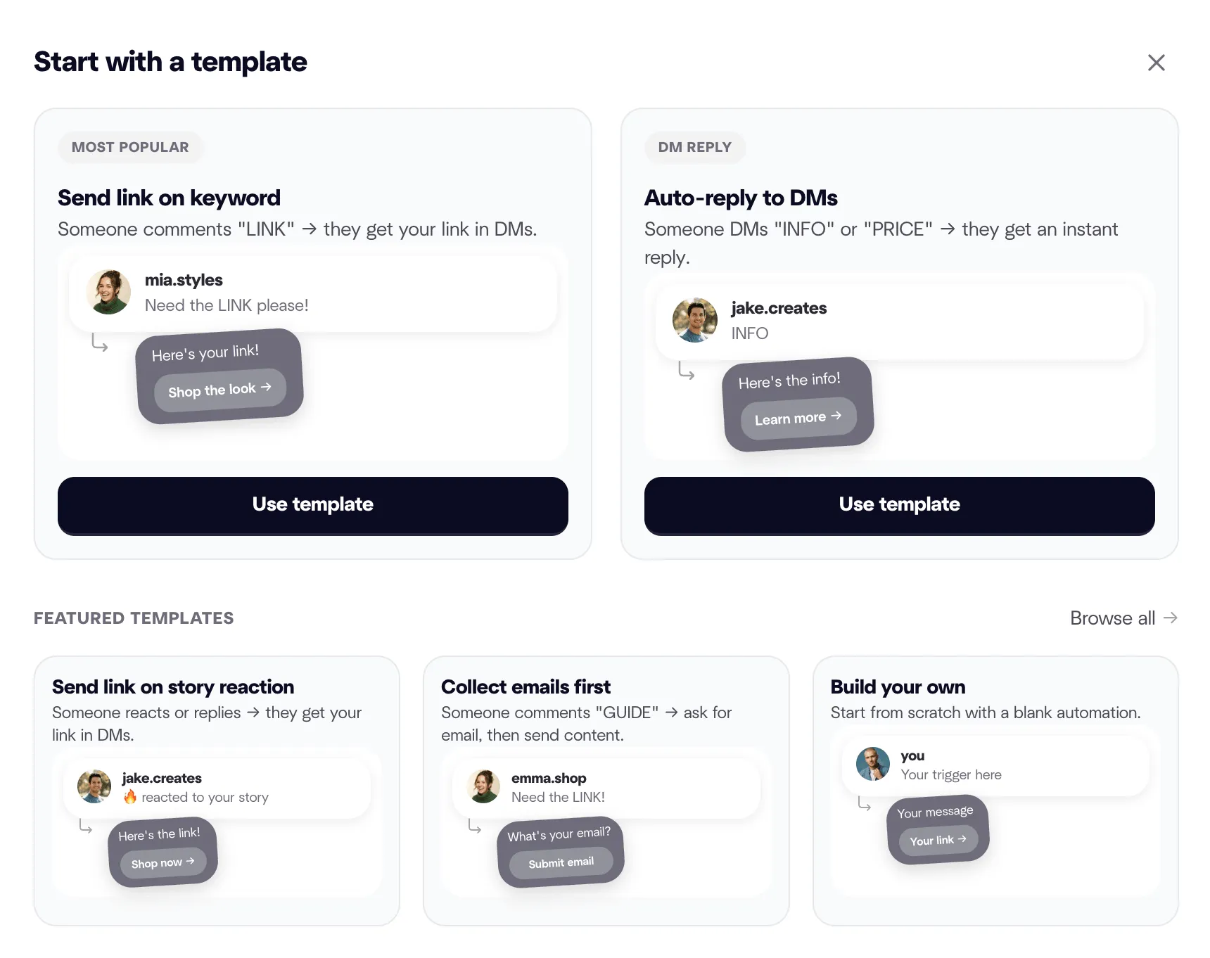 CreatorFlow automation templates modal showing pre-built automations