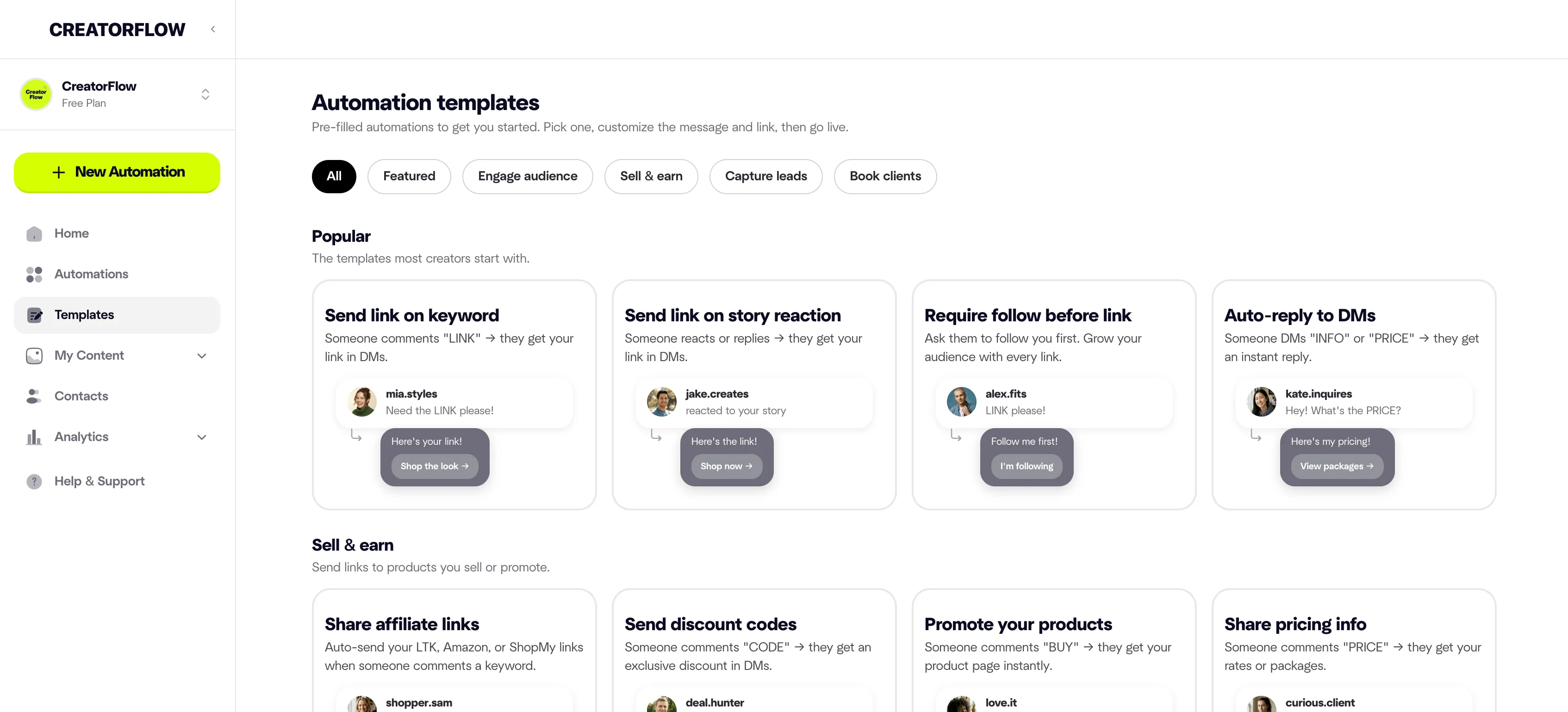 CreatorFlow automation builder with template-based setup