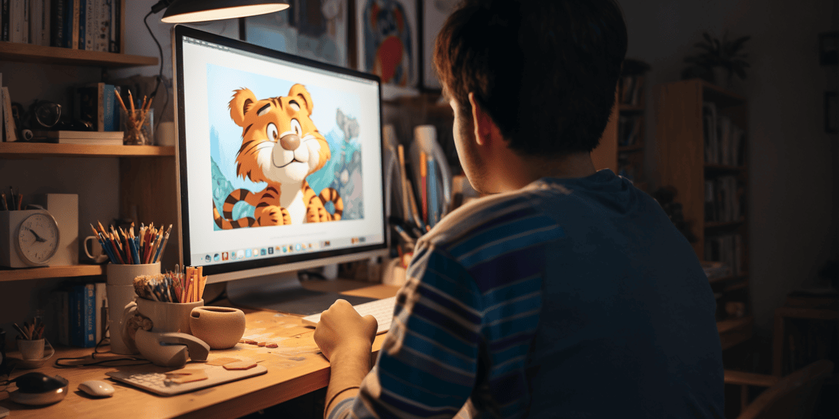 Graphic Designer Creating Cartoon Tiger Illustration