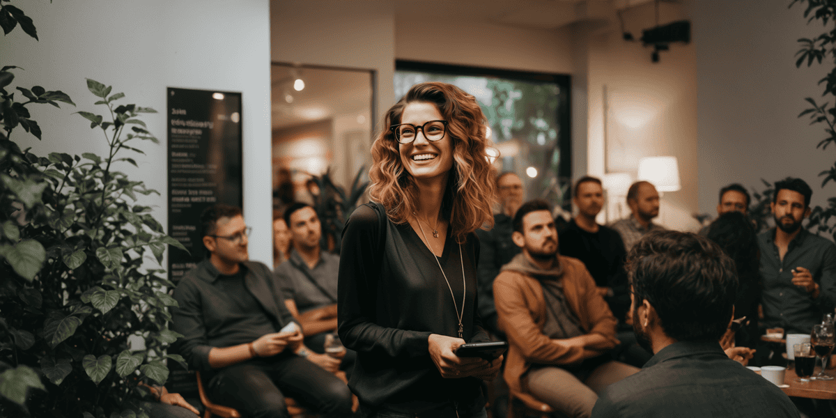 Joyous Blonde Woman with Smartphone at Social Gathering