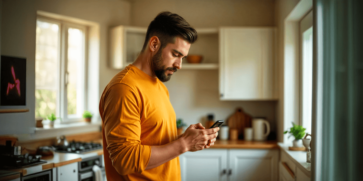 Man in Kitchen with Smartphone