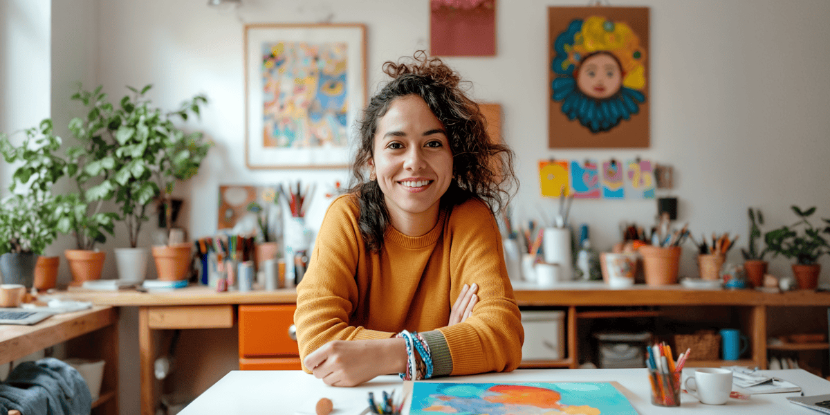 Smiling Woman in Creative Workspace