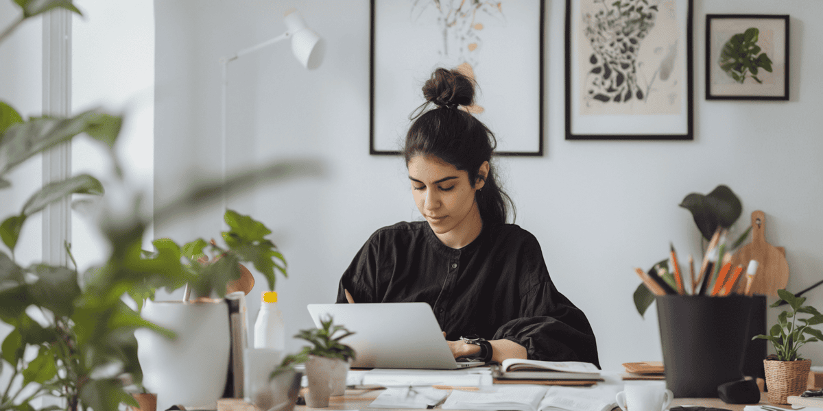 Young Woman Working on Laptop in Home Office