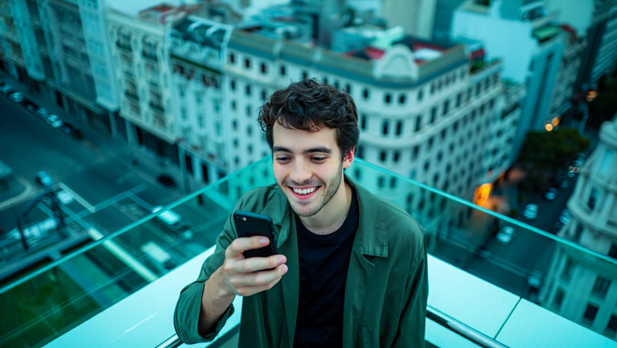DTC brand entrepreneur reviewing Instagram strategy from rooftop city workspace